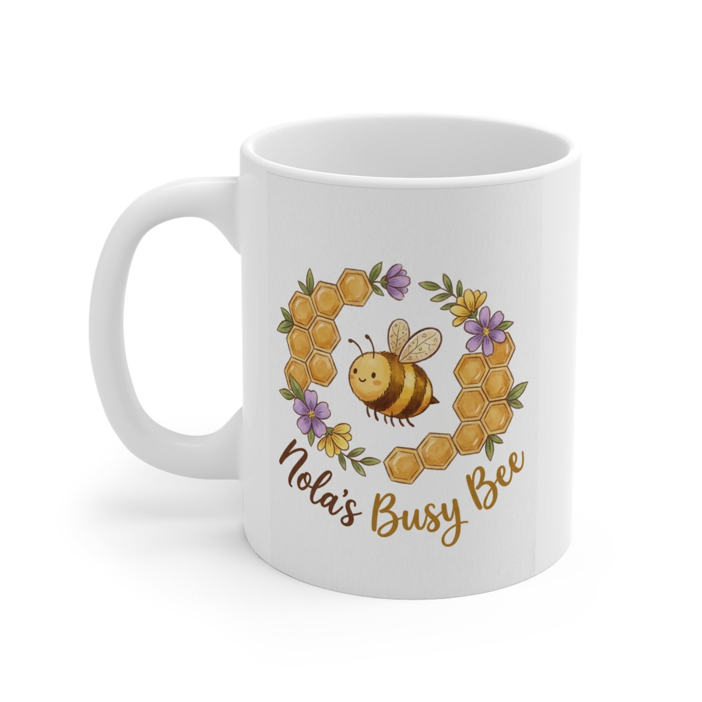 Personalized Bee Mug — "Nola's Busy Bee" Floral Honeycomb Coffee Cup